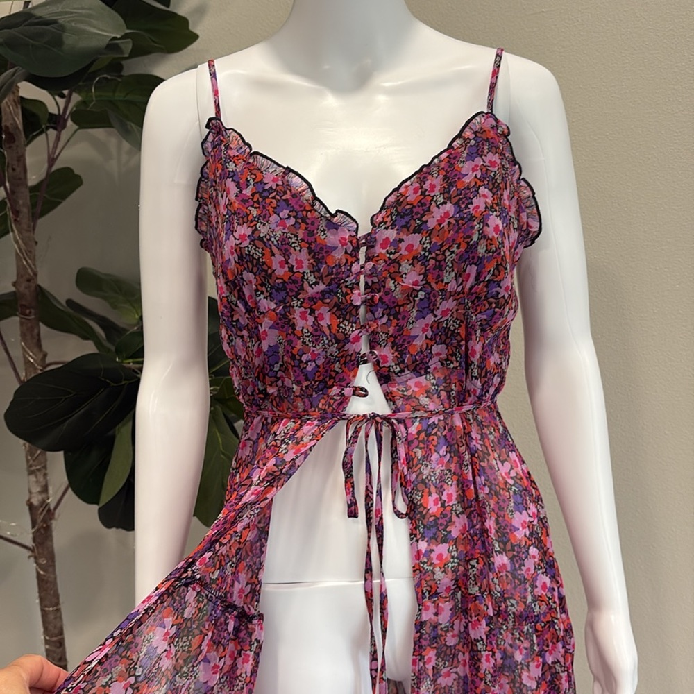 Lulus Sheer Floral Slipdress Size Small Button Front Tiered Ruffle Maxi Dress - Picture 5 of 15